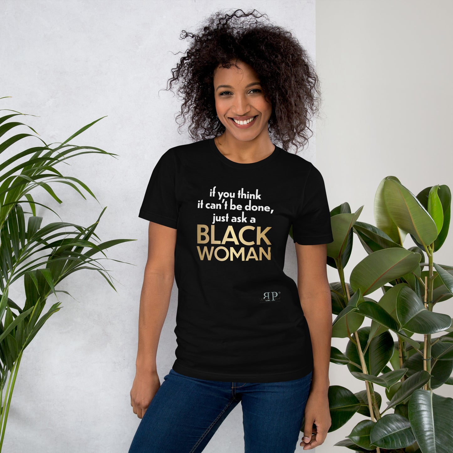 Ask a Black Woman Unisex t-shirt (white & gold text)