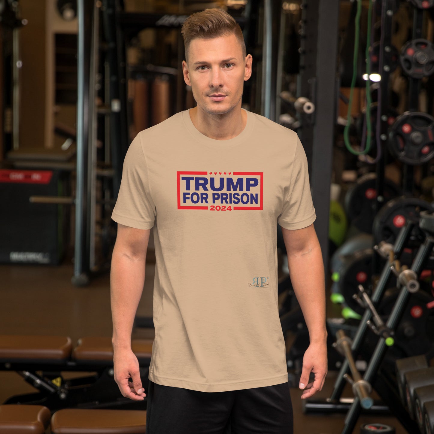 Trump for Prison Unisex t-shirt (red & blue text)