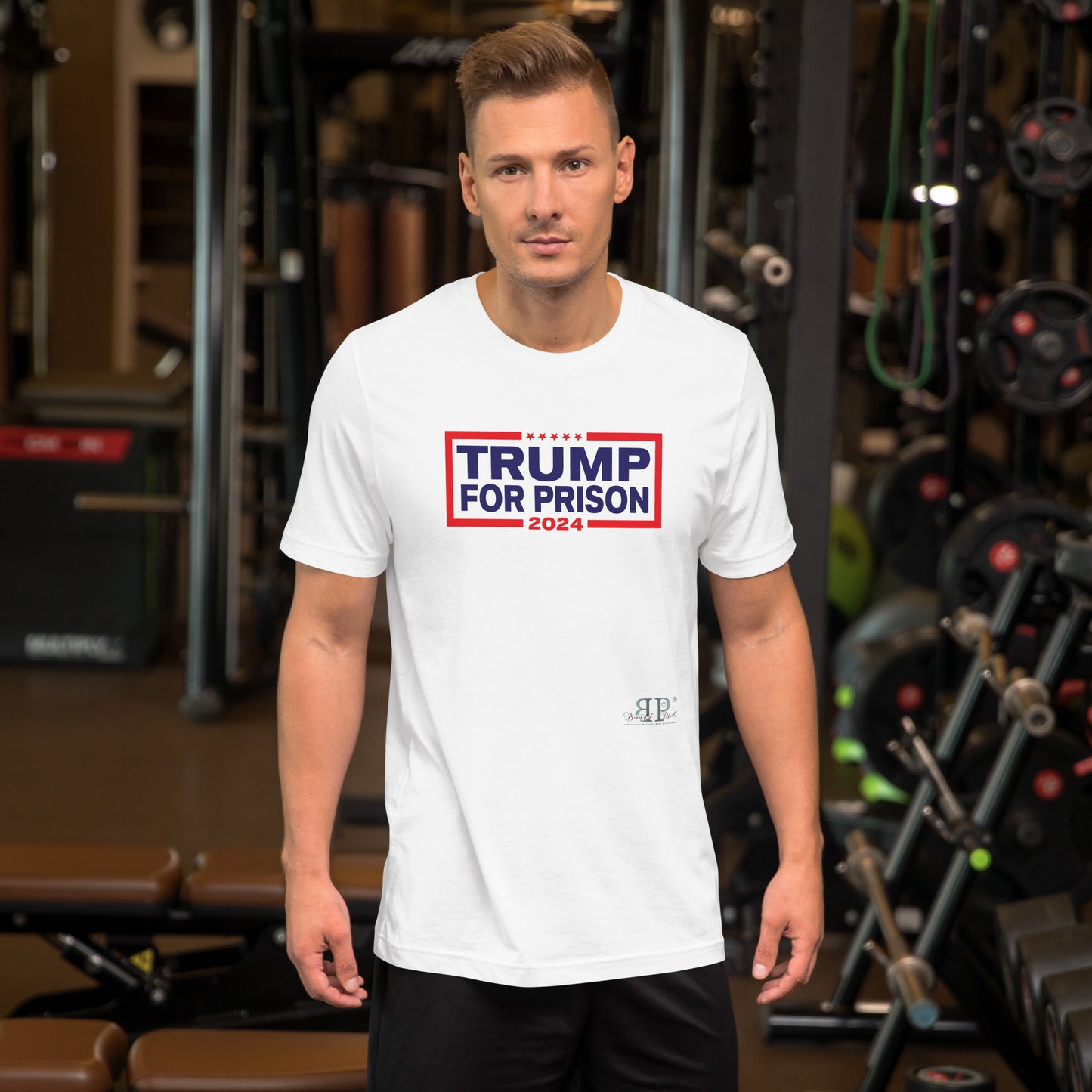 Trump for Prison Unisex t-shirt (red & blue text)